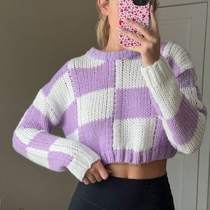 purple and white cropped sweater